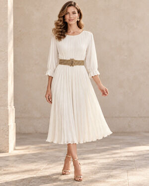 Vintage Hal Ferman 70s Ivory Pleated Midi Dress Gold Belt Bridal Grecian